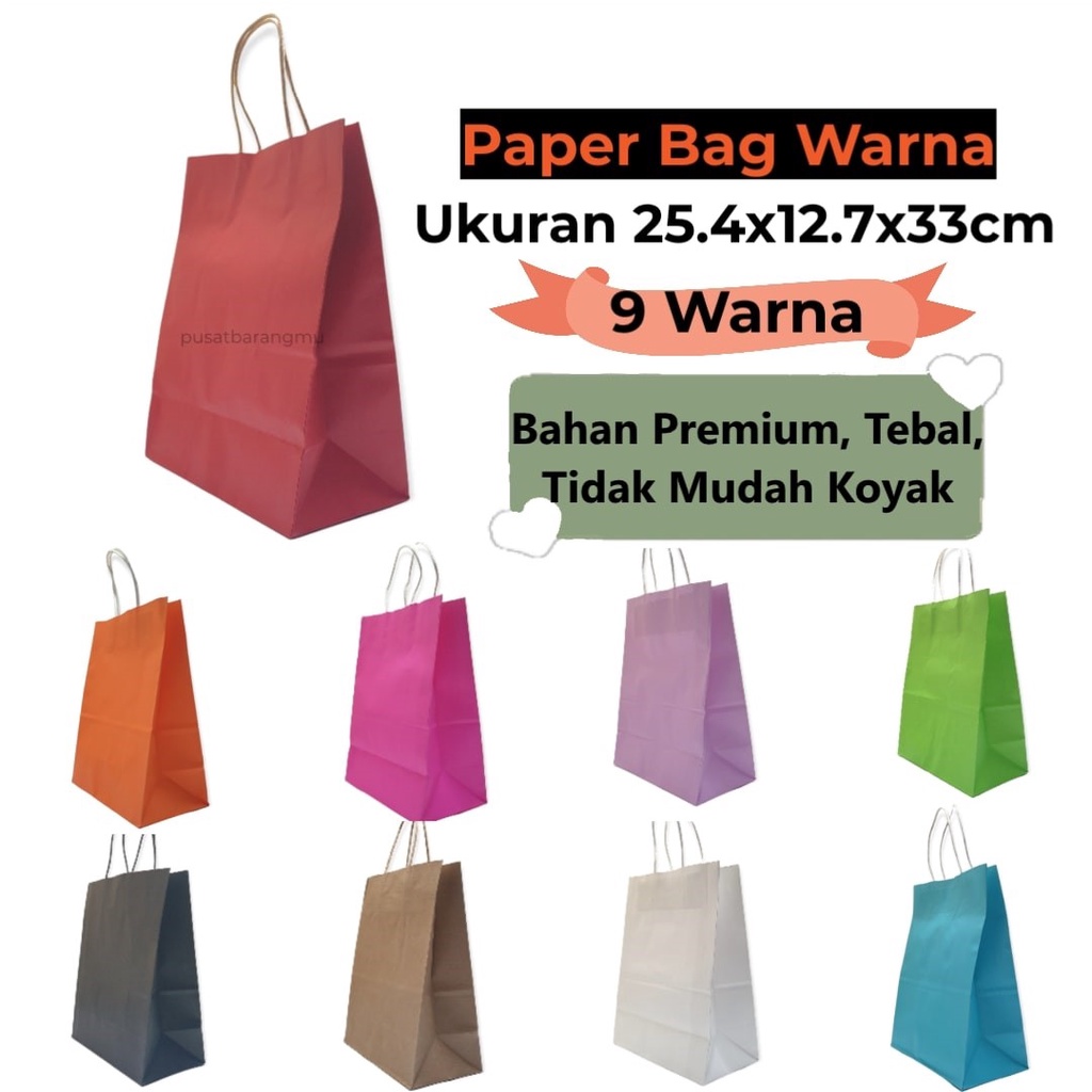 [ISI 12] Paper Bag Polos Warna Besar (25.4x12.7x33cm) Premium Kantong Tas Kado Kertas Cantik Hampers