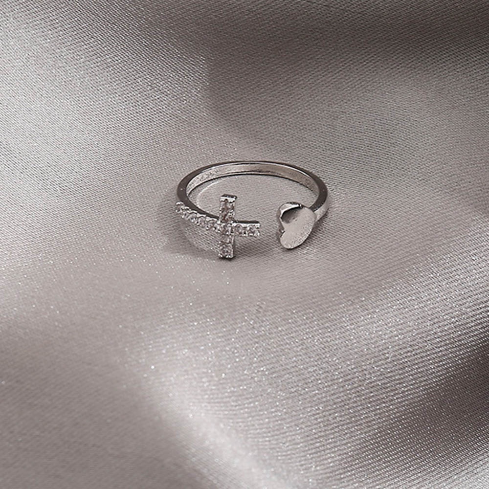 Cincin Model Terbuka Desain Hati Silang Geometris Adjustable Warna Silver Aksen Berlian Imitasi Untuk Wanita