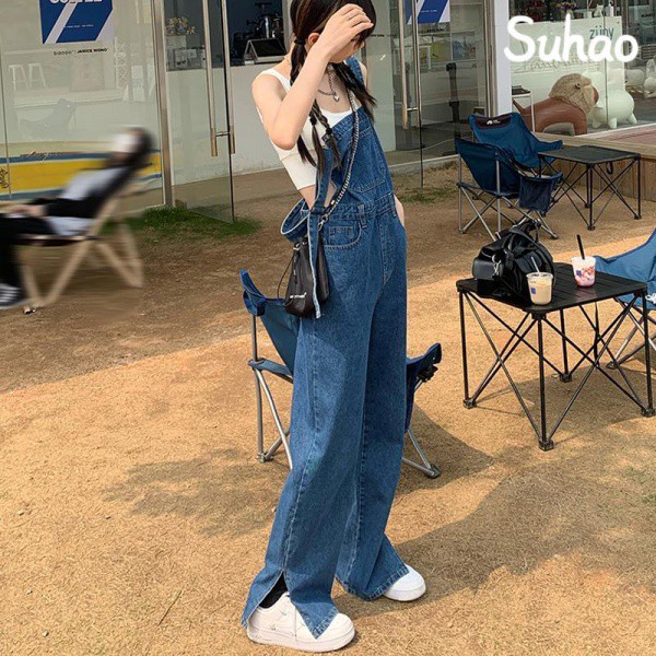 Suhao Baru keseluruhan slits slits vintage celana jeans wanita garis garam lurus kaki lebar jumpsuit