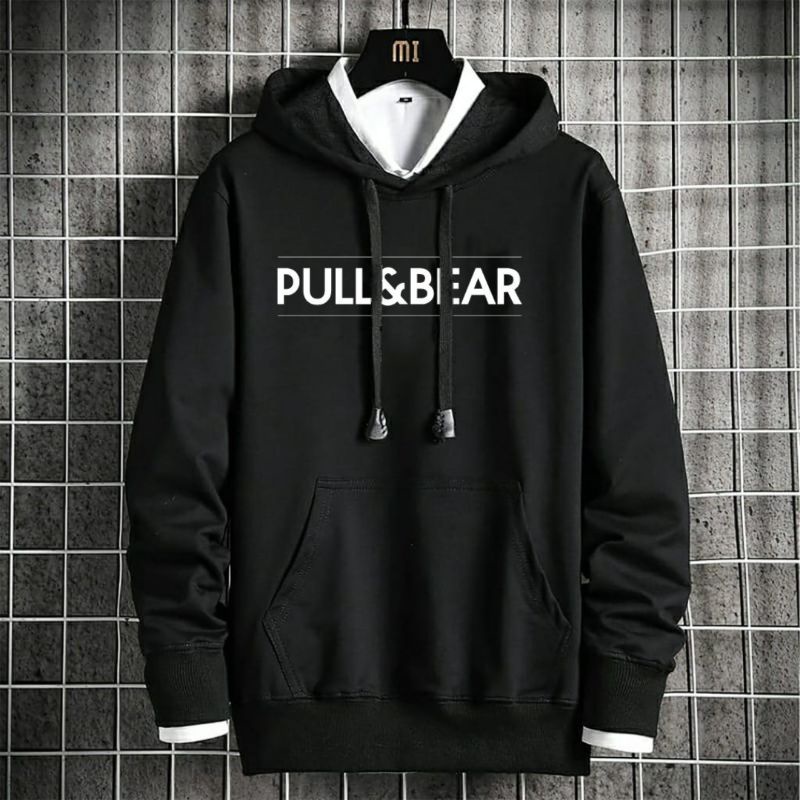 Sweater Hoodie  Unisex Pull And Bear Premium Sablon Polyflex Dtf Hitam Putih Abu Sweater Polos Pria