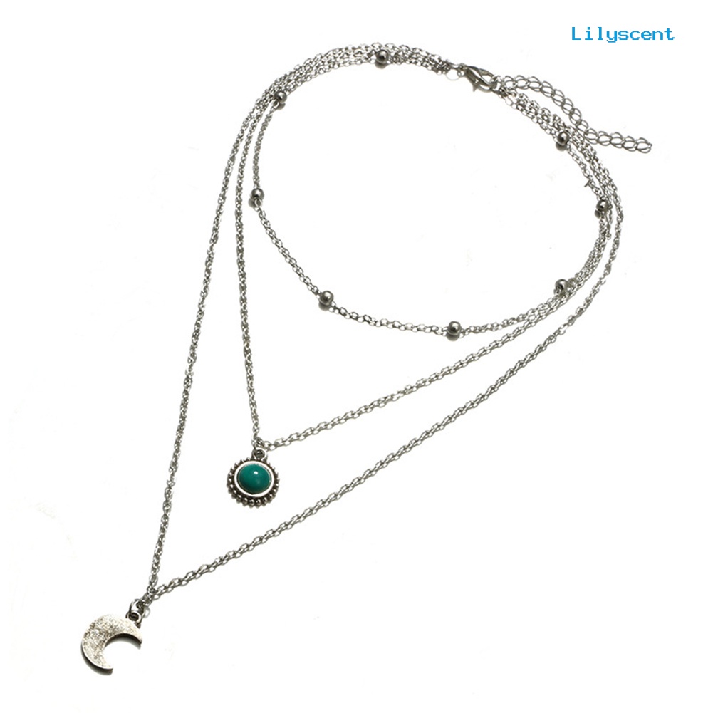 Kalung Rantai Multilayer Dengan Liontin Bulan Sabit Aksen Turquoise Imitasi Untuk Wanita