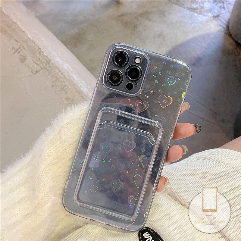 Soft Case Transparan Motif Hati Dengan Slot Kartu Untuk iPhone 7 8 Plus X XR XS Max SE 11 12 13 Pro Max