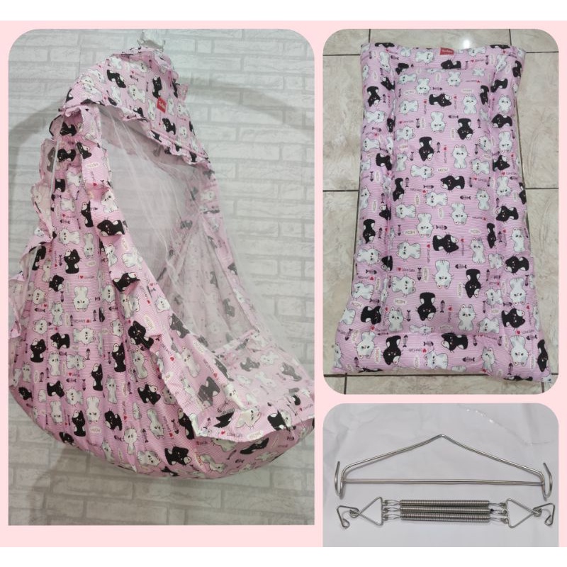 Ayunan 1KG Ayunan Kelambu Set Motif Lengkap Kasur Per Pegas Dan Besi Gantungan Segitiga-KUCING LOVE PINK