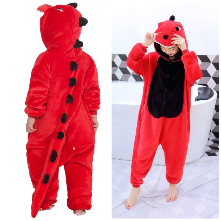 KOSTUM ONESIE DINO DINOSAURUS MERAH COSPLAY PIYAMA ANAK