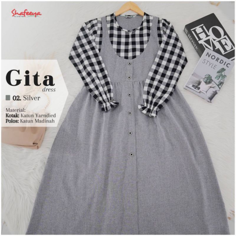 Gita dress by Shafeeya gamis katun Madinah baju Adem warna silver kombinasi kotak