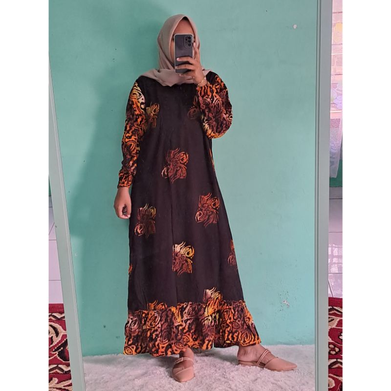 Daster batik cap lengan panjang longdress rempel susun