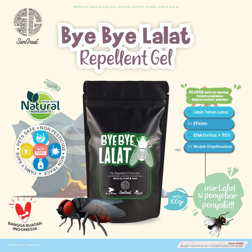 Anti serangga pengusir lalat alami non pestisida SanGreat Bye Bye Lalat gel 100 gr &amp; spray 100 ml-aman-anti lalat