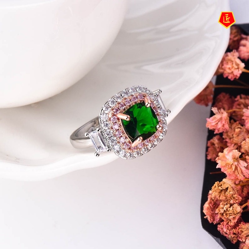 [Ready Stock]INS Style Two-Tone Inlaid Emerald Square Diamond Ring