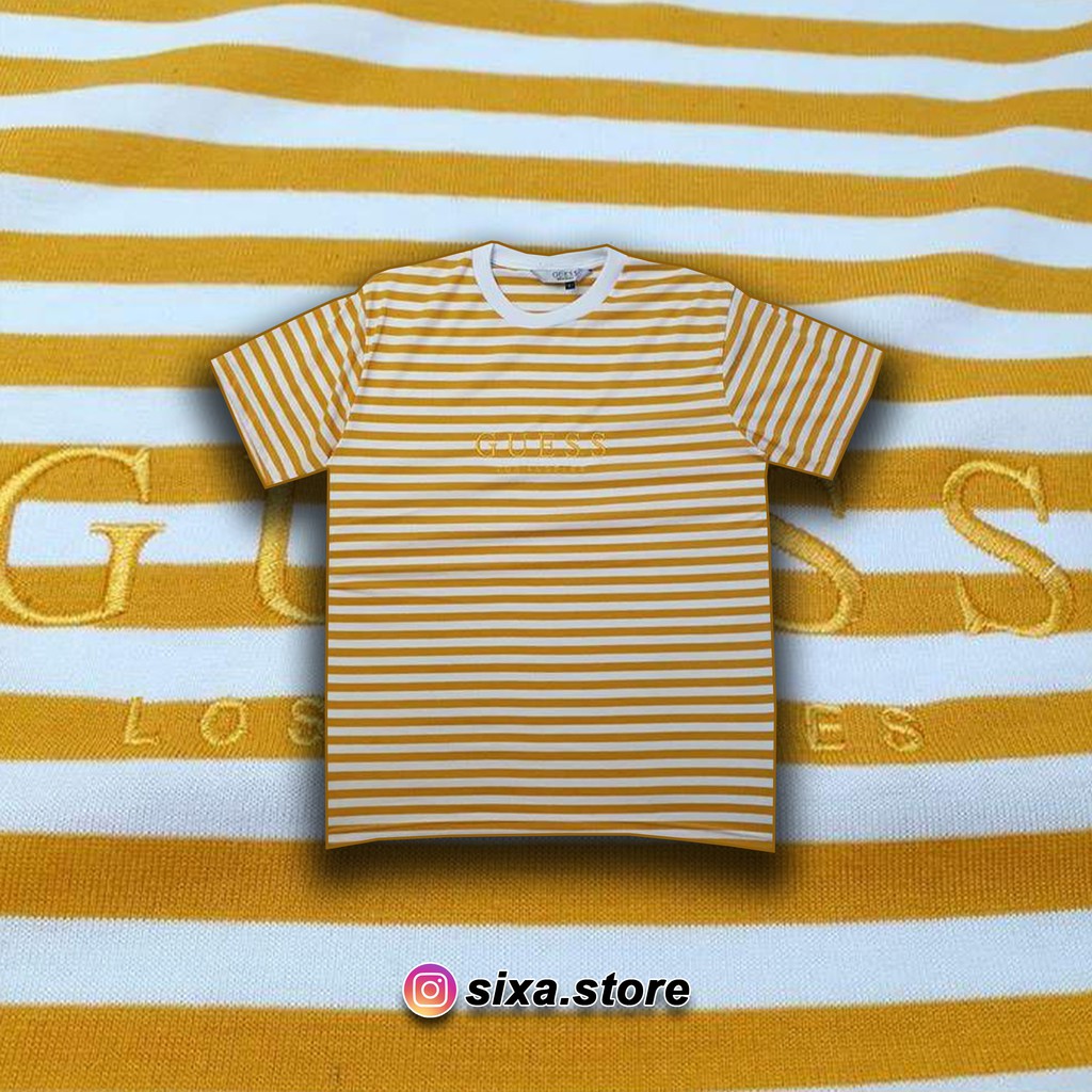  BAJU  KAOS  TSHIRT STRIPES GUESS WHITE AND YELLOW Shopee  