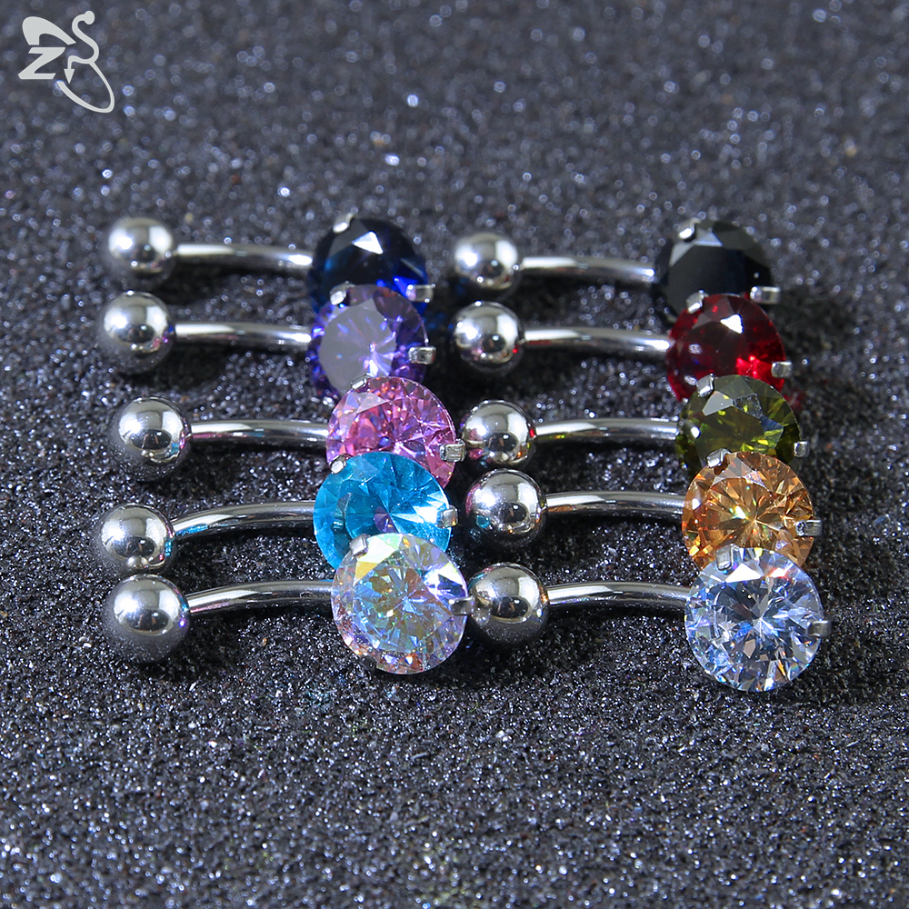5-14pcs / lot Cincin Tindik Perut Bahan Stainless Steel 316L 14G Anti Alergi Aksen Kristal Warna-Warni
