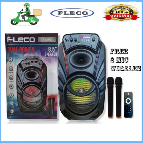 paket speaker portabel fleco f8606 free 2 pcs mic wireless + remote control promo