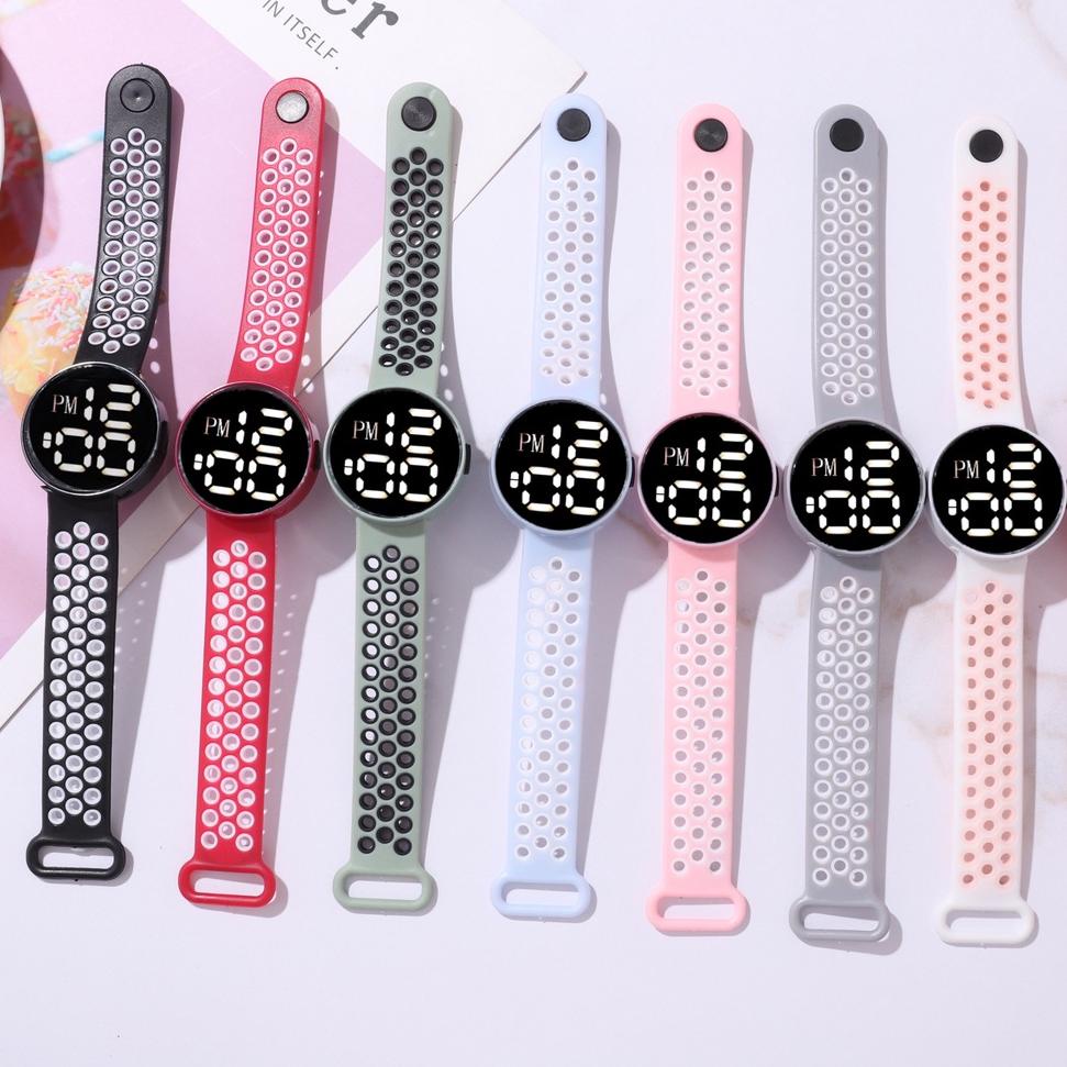 Jam Tangan Digital Bulat Rubber Couple Anti Air Watch Sprot LED Tali Dua Warna Electronic Fashion Mo