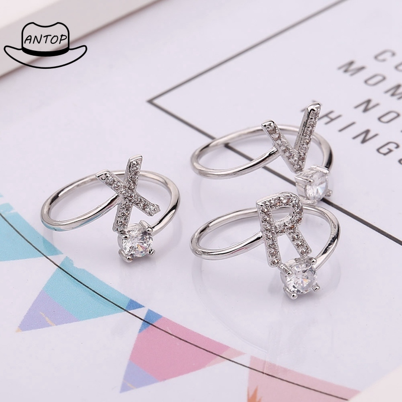 Antop！Cincin Wanita 26 Huruf Cincin Inggris Tembaga Berlapis Emas Putih Ring Aksesoris Fashion