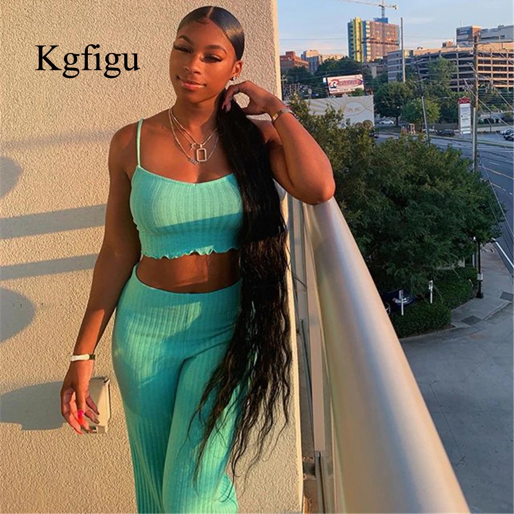 KGFIGU Ribbed two piece set 2019 Summer crop tops and wide leg pants casual knitting