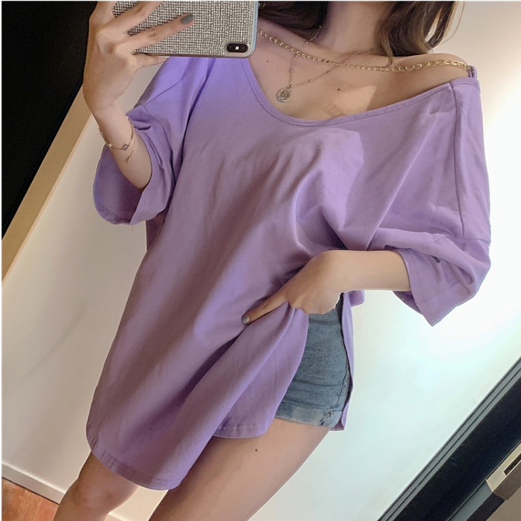 Suhao Hong Kong rasa lengan pendek t-shirt wanita desain tidak teratur rasa celah dengan hati-hati mesin seksi backless rantai longgar top in pasang