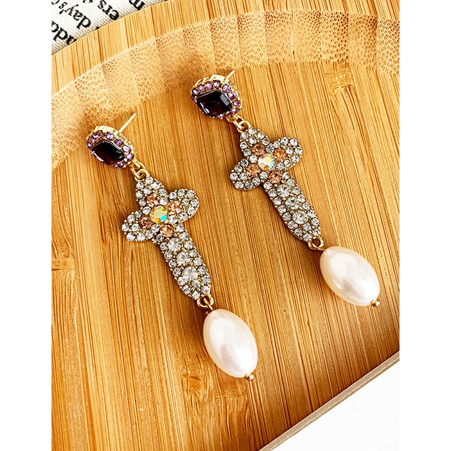 LRC Anting Tusuk Fashion Purple Alloy Diamond Cross Pearl Earrings F91337