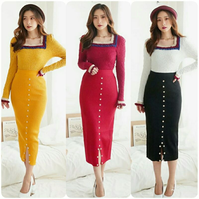 A156 Set2in1 Setelan baju lengan panjang set rok skirt span rajut wanita korean style import baju se