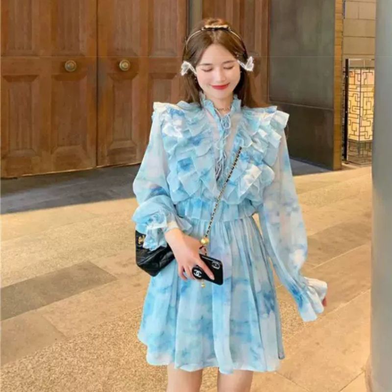1974 Dress panjang tangan rempel biru muda Import Wanita Dress pendek sifon Import