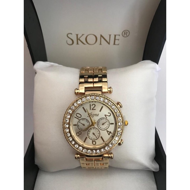 Jam tangan pria/wanita merek SKONE Original rantai warna gold/emas bagus mewah elegant 36