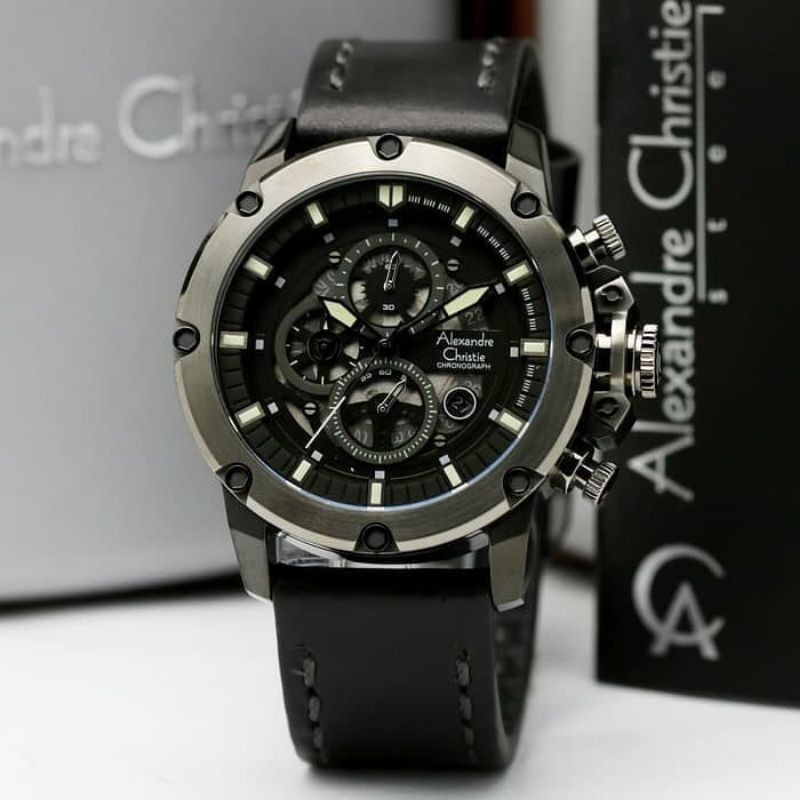 Jam Tangan Pria Elegant Design Alexandre Christie AC6439 black Leather Original