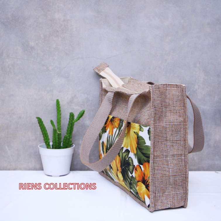 TAS KANVAS TAS GONI SINTETIS KOMBINASI KANVAS MOTIF BUNGA SEPATU KUNING. RIENS COLLECTIONS. TAS WANITA GONI. TAS JOGJA