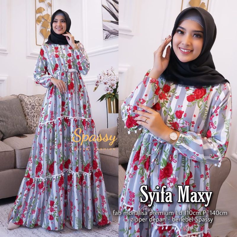 SYIFA MAXY ORI BY SPASSY GAMIS WANITA PREMIUM MONALISA MOTIF BUNGA CANTIK TERBARU