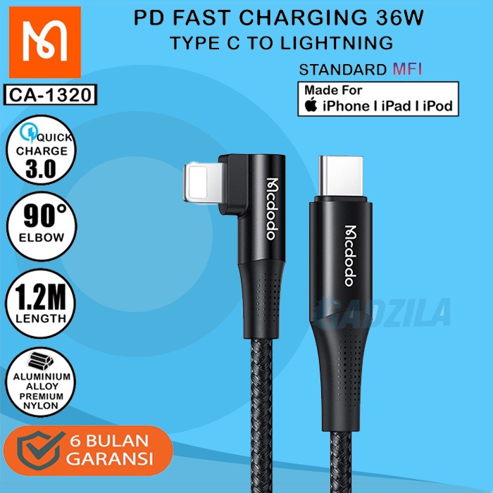 MCDODO CA-132 Kabel Charger C To Lightning iPhone 12 13 Pro Max Cable Data PD Fast Charging 36W