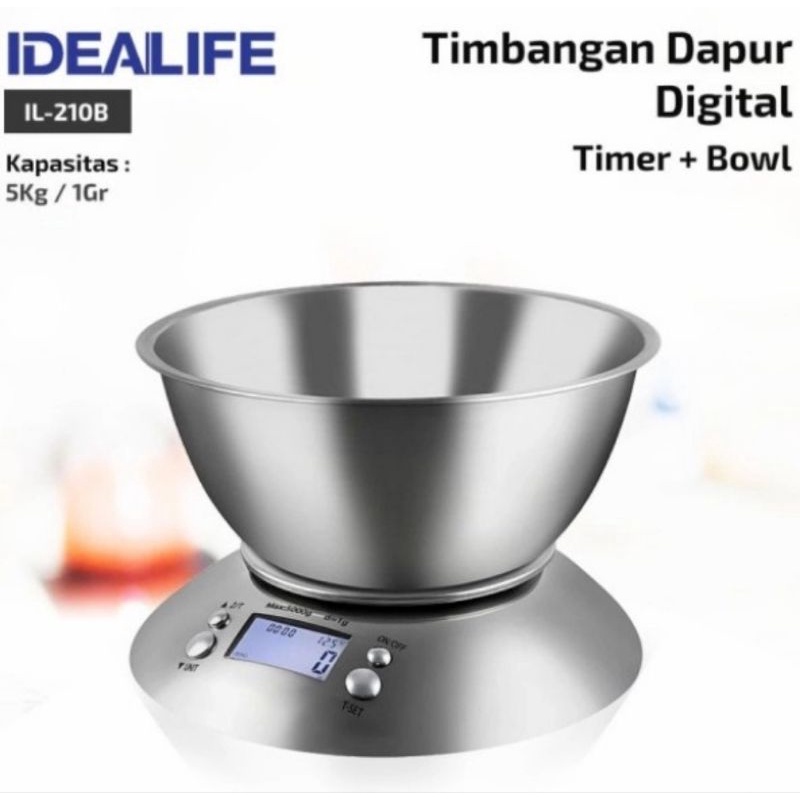 IDEALIFE IL 210B Timer &amp; Bowl - Timbangan Kue / Dapur Digital 5kg ORIGINAL