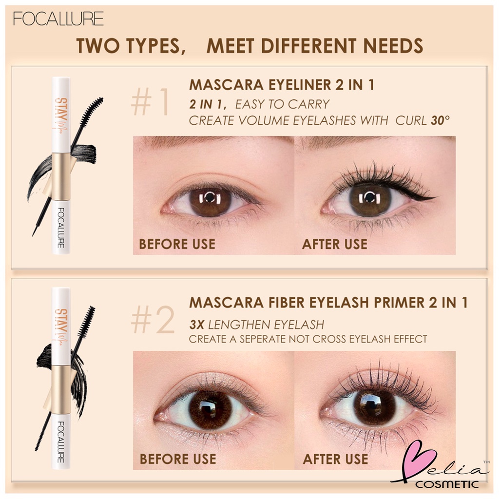 ❤ BELIA ❤ FOCALLURE Stay Waterproof Mascara &amp; Eyeliner 2in1 FA160 #1 | Maskara Eyeliner | Waterproof | fiber eyelash primer | BPOM
