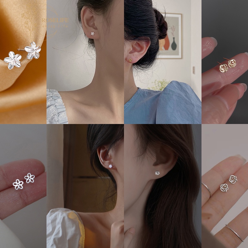 1 Pasang Anting Stud Desain Bunga Mawar Bahan S925 Silver Anti Alergi Untuk Wanita