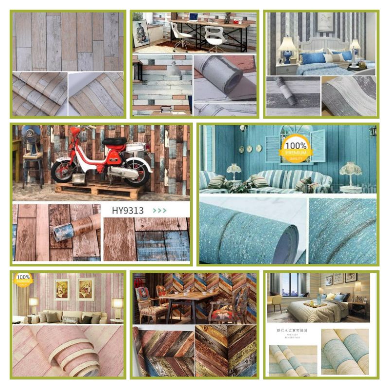 WALLPAPER STICKER DINDING WALLPAPER DINDING KAYU VINTAGE BIRU COKLAT HITAM ORANHE KOMBINASI / WALLPA