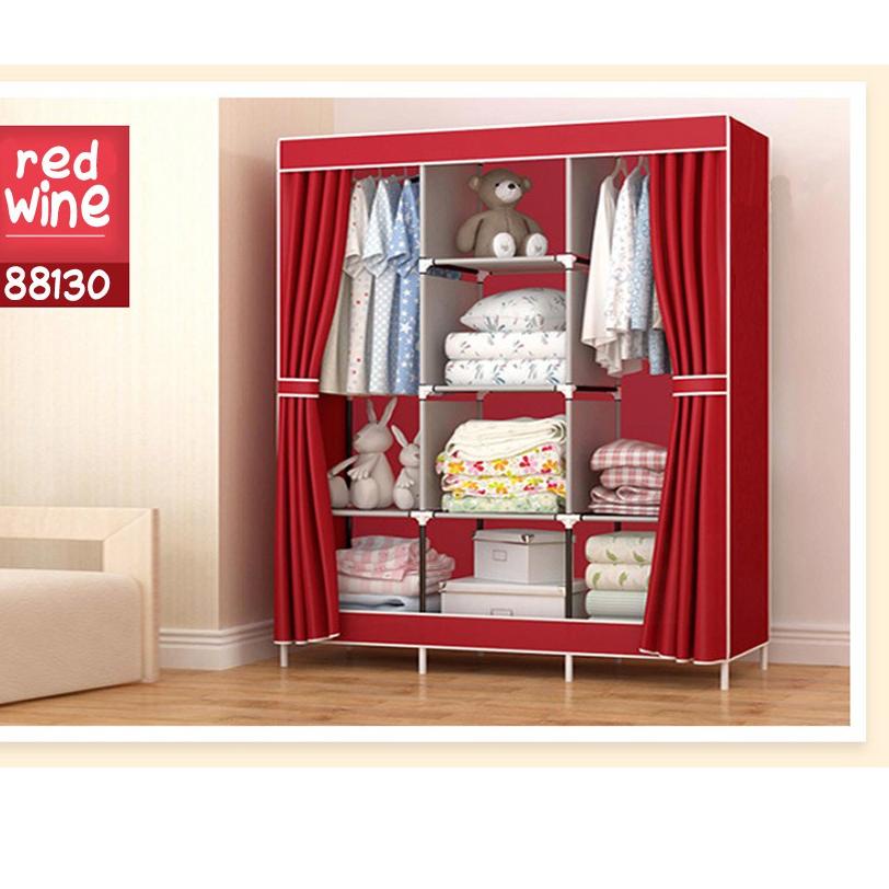 Sedang Laris Lemari Pakaian Kain Portable Jumbo 88130 Lemari 3 Sekat Lemari Baju