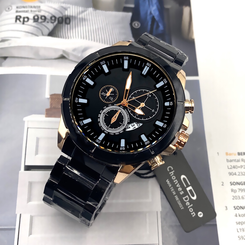 Jam Tangan SUPER MEWAH Pria Anti Air  Chronograph Style - Stainless - Tanggal Aktif - Ring rose Gold