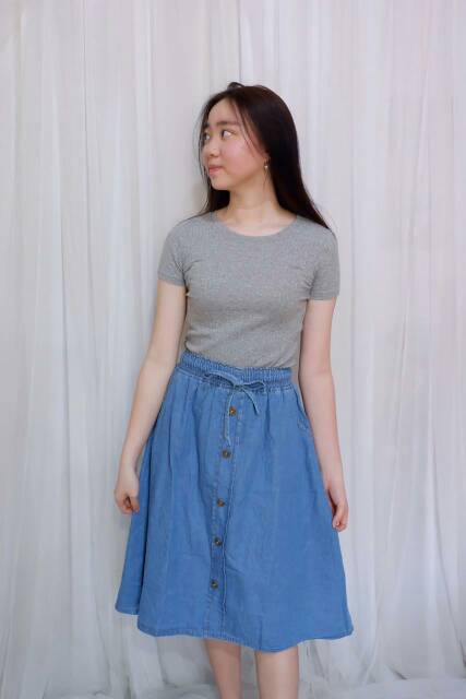 Rok Jeans wanita bahan denim kantong hidup panjang selutut bisa Cod