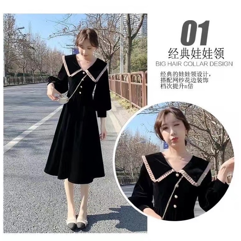 H7 D21/21 Korean velvet midi dress long sleeve import / gaun panjang beludru lengan panjang leher collar kancing / vintage dress