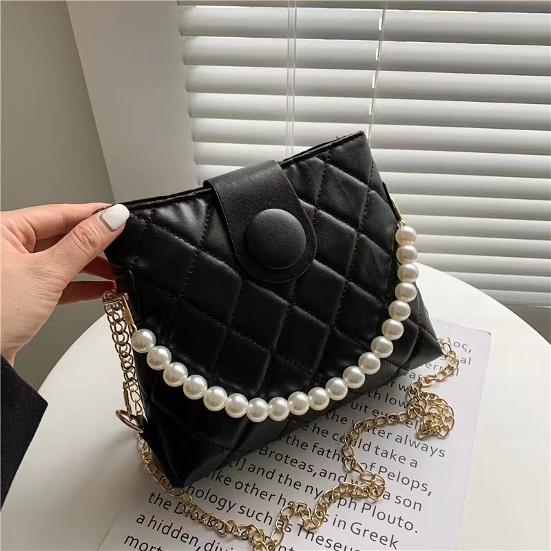 Slingbag Rantai Sederhana Untuk Wanita Terbaru Bahan Pu Dengan Aksen Mutiara/Tas/Tas Selempang