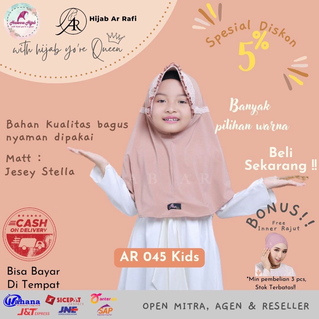 Hijab Arrafi Anak Kids Terbaru Jilbab Instan Serut Kombinasi Bunga Kode AR 045 Kids Keriting Jersey 