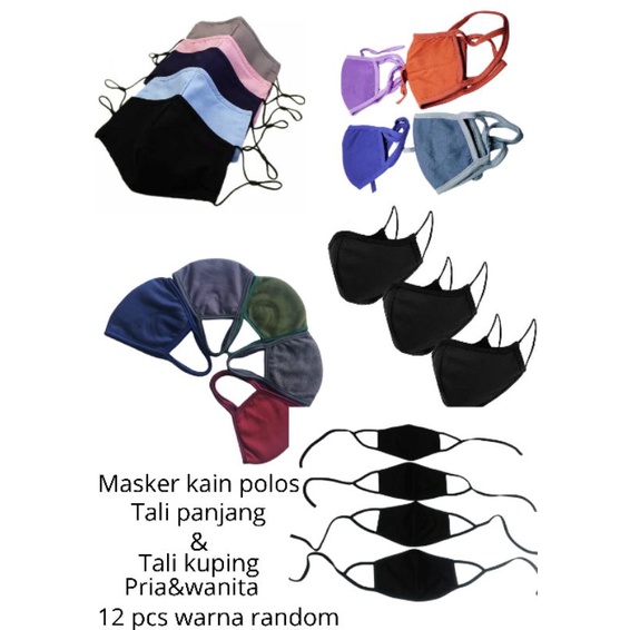 MASKER KAIN POLOS TALI PANJANG DAN TALI KUPING 12 PCS WARNA RANDOM