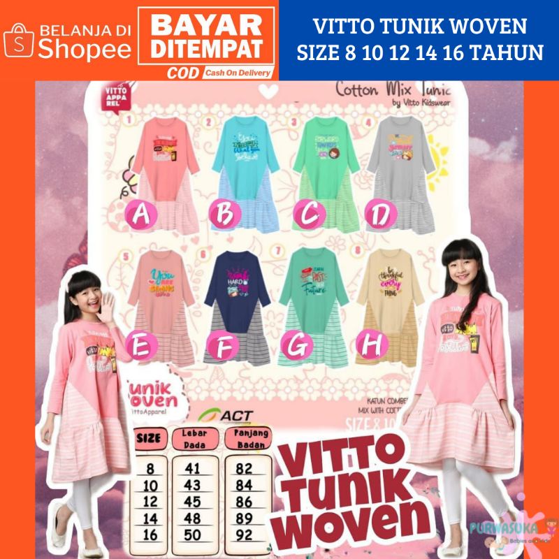 VITTO TUNIK WOVEN DRESS ANAK USIA  8 10 12 14 16 TAHUN
