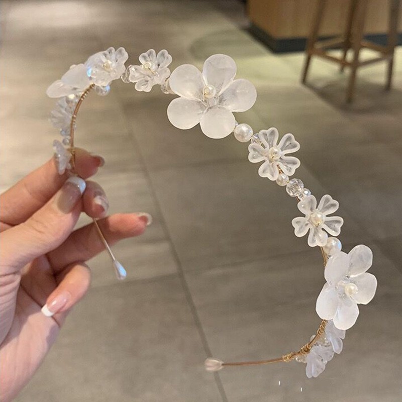 Korean Crystal Flower Pearl Headband Beads Sweet Fashion Girl Thin Hair Band Hair Accessories