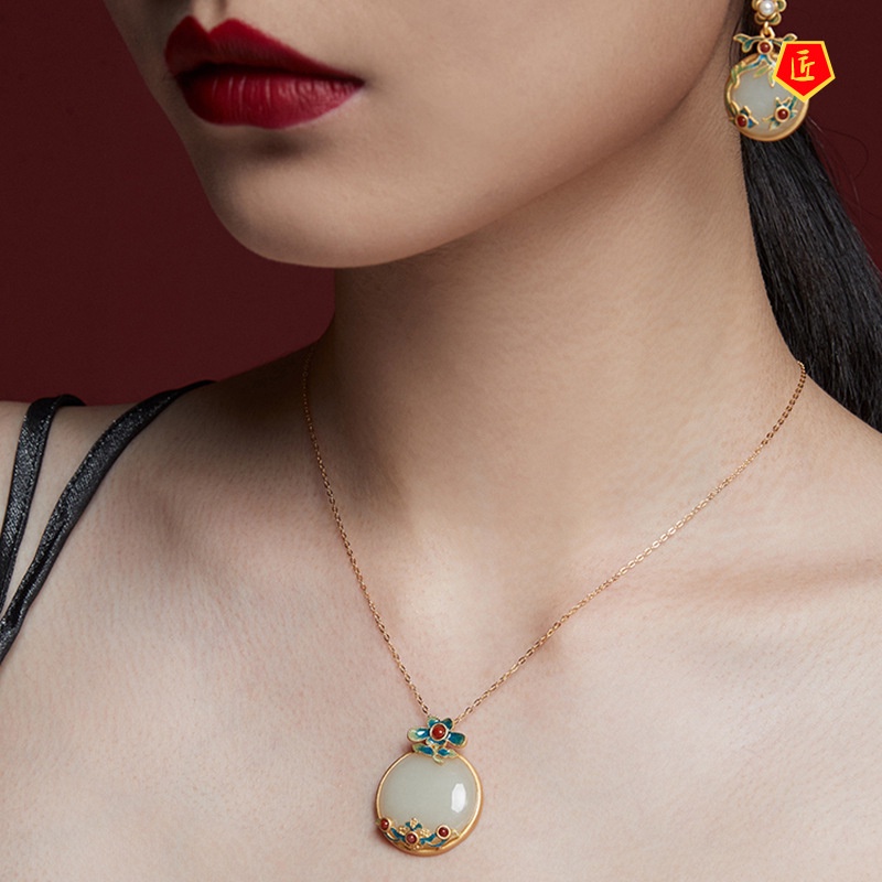 [Ready Stock]Hetian Jade Necklace Female Ethnic Style Enamel Elegant Graceful