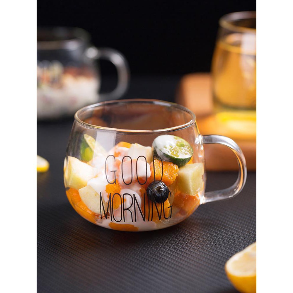 Mug Gelas Kaca Tulisan Good Mprning (350ml) - Warm(400ml) - Eropa Style