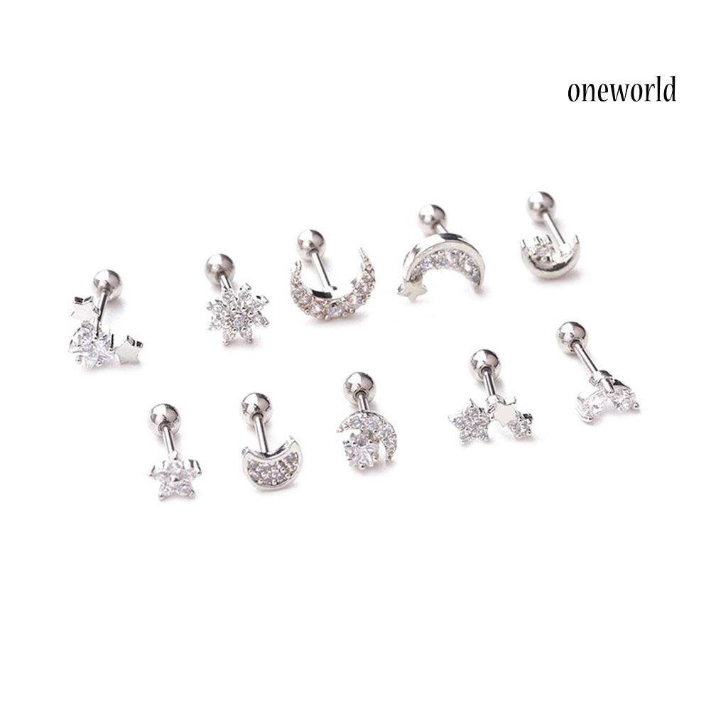 OW@ 1Pc Women Cubic Zirconia Inlaid Flower Star Moon Cartilage Stud Earring Jewelry