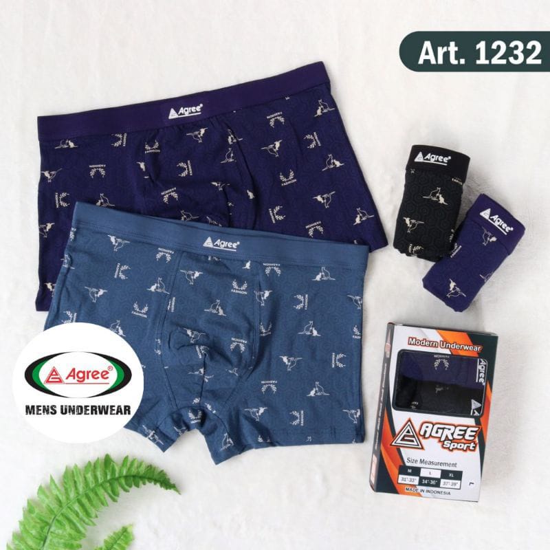 3 Pcs - Celana Boxer Agree Sport 1232 Motif Pria Dewasa - CD Laki Laki Pakaian Dalam Underwear Open Pendek ABG Remaja Katun Halus Adem FFF