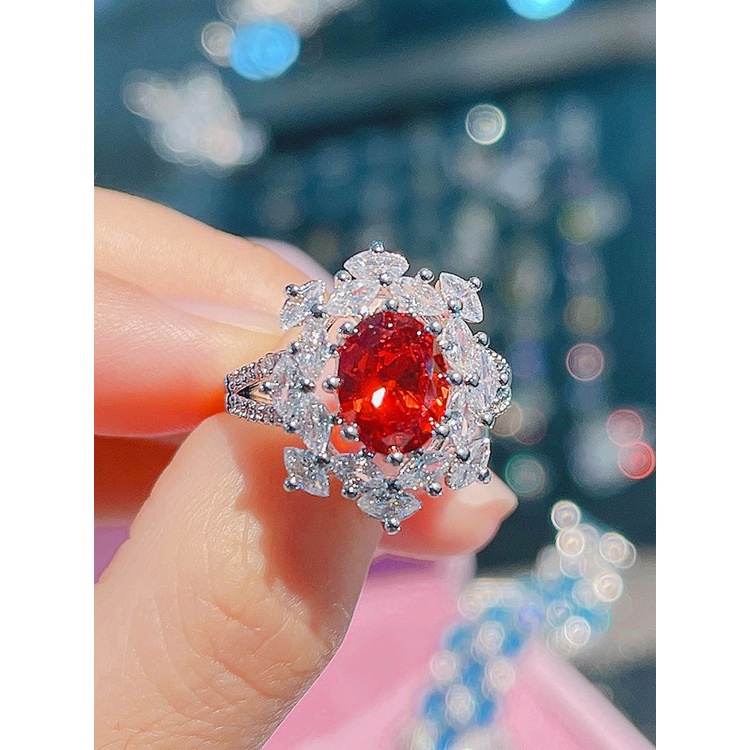 Fancyqube Cincin Silver Bentuk Kepingan Salju Oval Hias Cubic Zirconia Aaa Merah Untuk Wanita