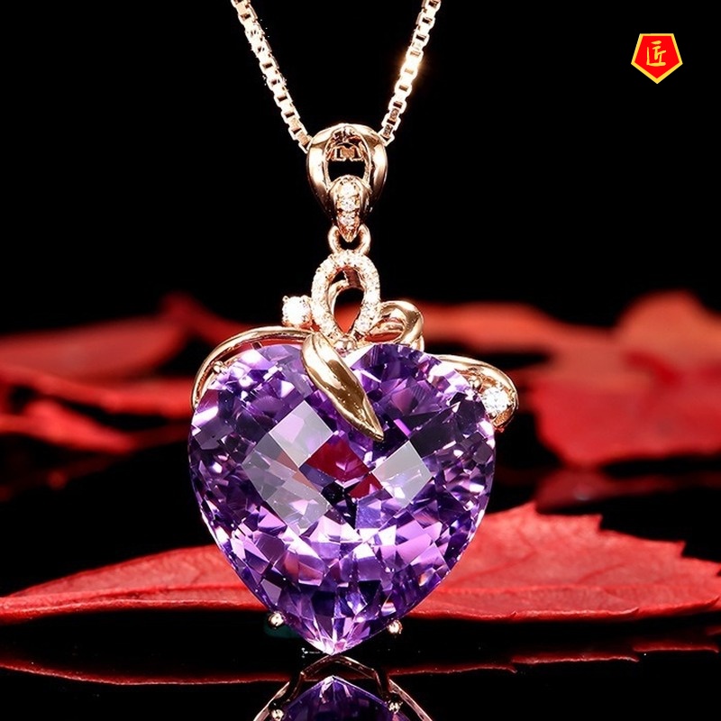 [Ready Stock]Luxury Heart-Shaped Amethyst Pendant 18K Gold Necklace Fashion