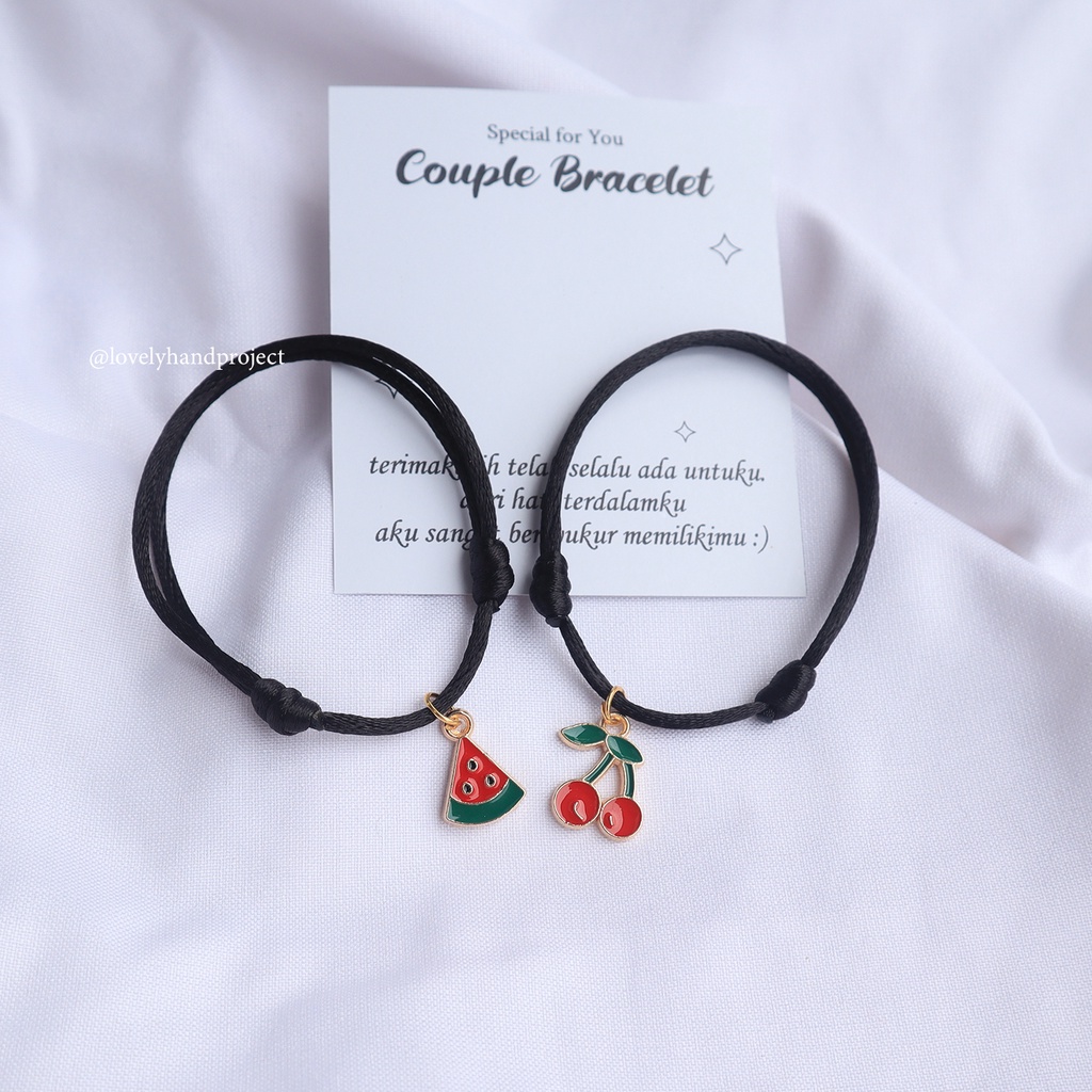 Gelang Couple Cherry &amp; Watermelon Charm Lucu Unik Gratis Kartu Ucapan Bersama Bestie Tali Korea 1,5 mm Waterproof Satin 2mm Lembut Chram Lucu Buah Semangka Kiyowo kawai Manik Cute Lovelyhandproject