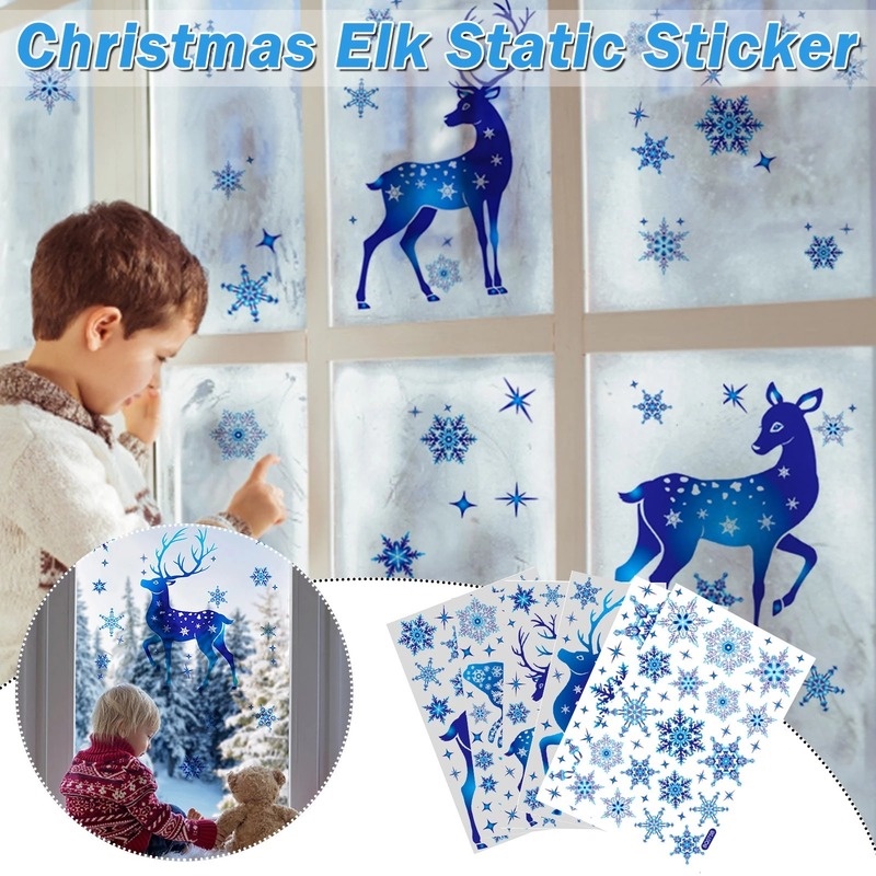 Stiker Jendela Elektrostatis Bahan pvc Tahan Air Motif Rusa snowflake Natal Warna Biru Untuk Dekorasi