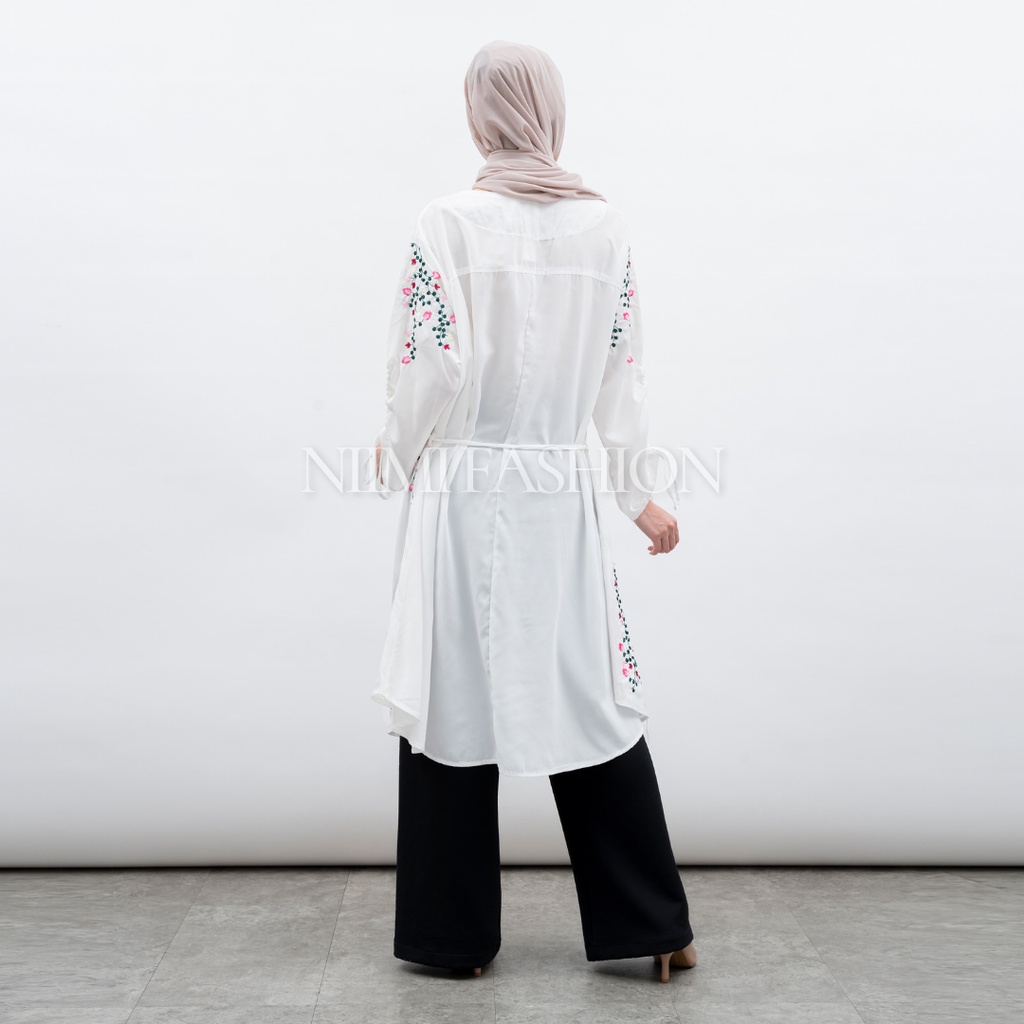 NIMI - Nadine Blouse Putih Midi Dres Putih Bordir Premium Atasan Long Tunik Putih Jumbo Bordir