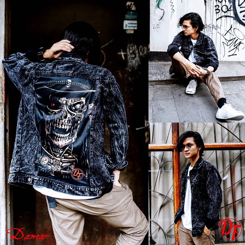 JAKET JEANS GAMBAR BELAKANG DENIM PRIA PRINT FULL PATCH EMBLEM PREMIUM JACKET SOBEK COWOK JEKET NAGA